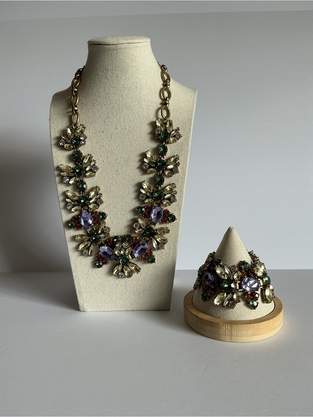 J. Crew Purple, Green & Gold Crystal Floral Statement Necklace Set